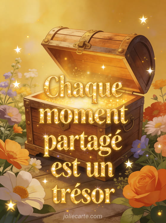 Coffre en bois ancien entrouvert avec lumière dorée entouré de fleurs et de petites étoiles lumineuses