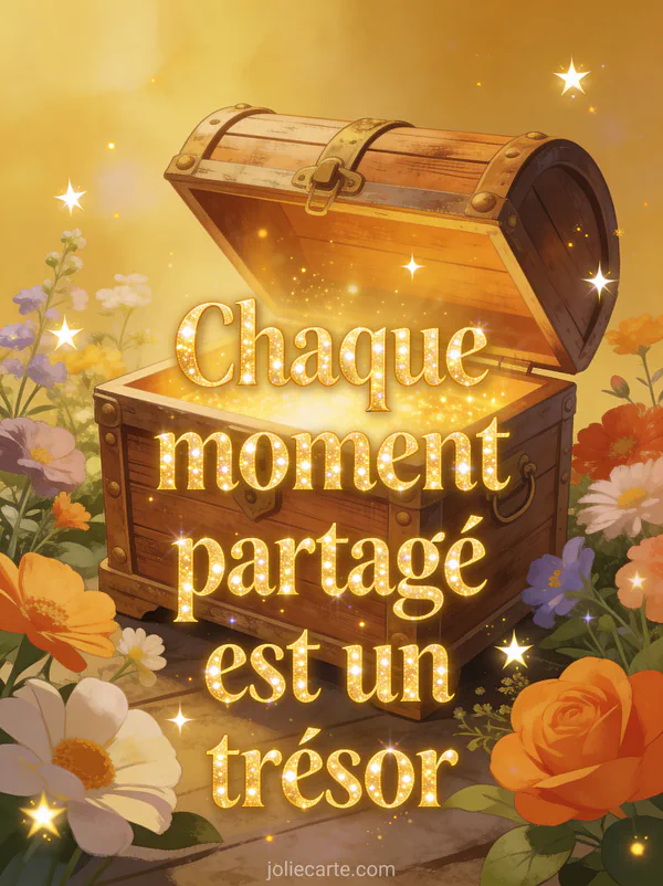 Coffre en bois ancien entrouvert avec lumière dorée entouré de fleurs et de petites étoiles lumineuses