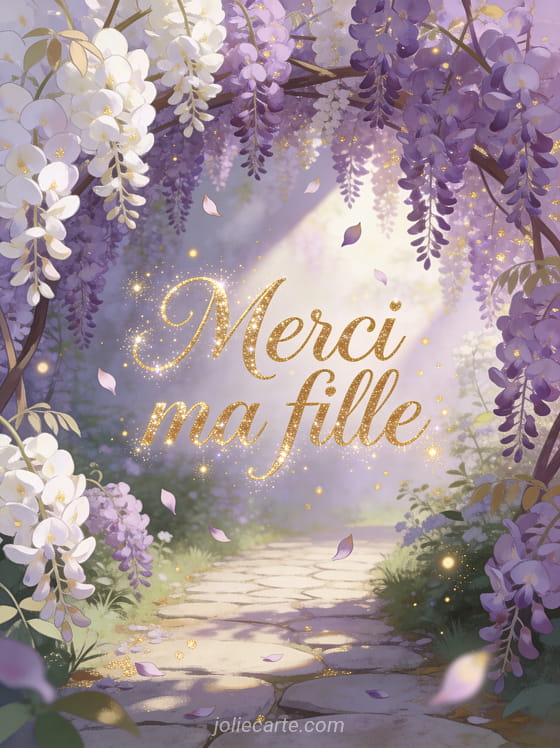 Jardin de glycines violettes et blanches formant une voûte naturelle au-dessus d'un chemin pavé avec pétales qui tombent