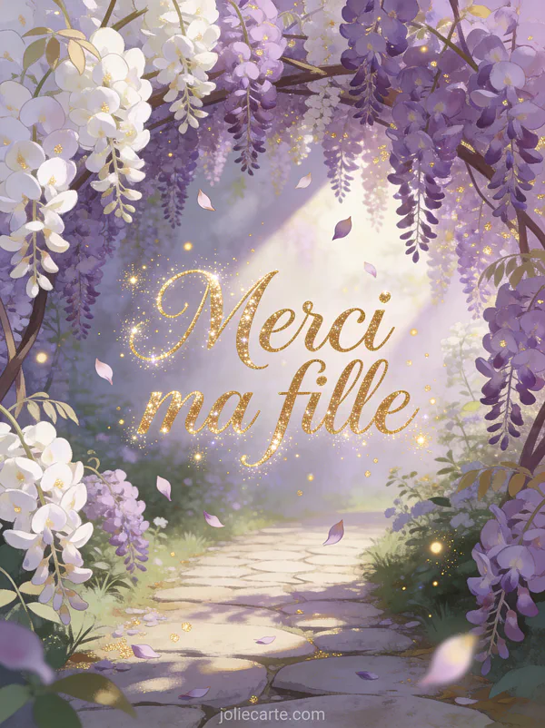 Jardin de glycines violettes et blanches formant une voûte naturelle au-dessus d'un chemin pavé avec pétales qui tombent