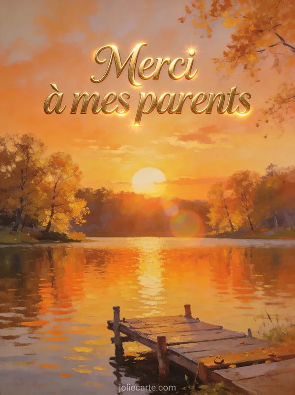 Coucher de soleil sur un lac calme avec arbres dorés et ponton en bois avec le texte Merci à mes parents en lettres dorées