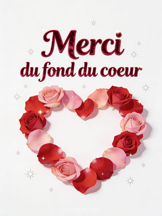 Grand coeur formé de pétales de roses rouges et roses sur fond blanc avec étoiles scintillantes