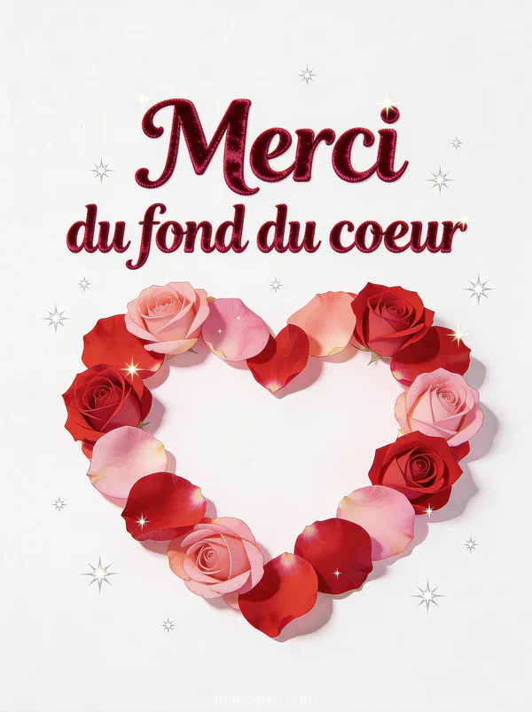 Grand coeur formé de pétales de roses rouges et roses sur fond blanc avec étoiles scintillantes