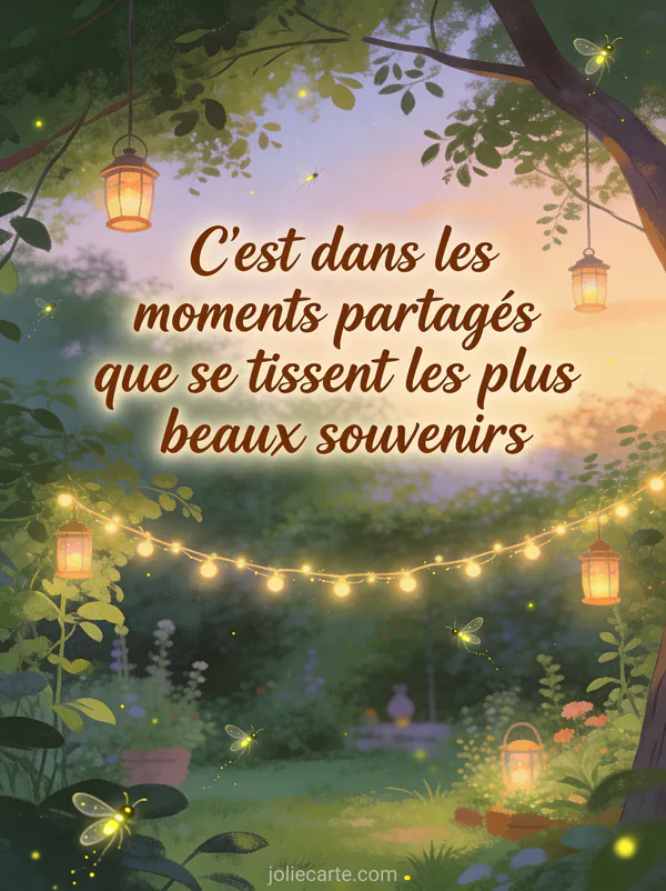 Guirlande lumineuse dans un jardin verdoyant au crépuscule avec lanternes et lucioles et le texte sur les moments partagés