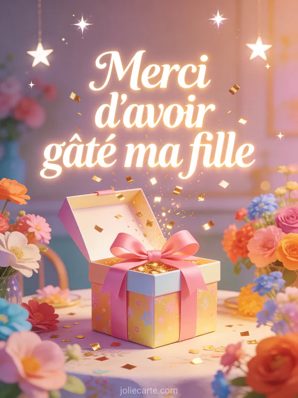 Boîte cadeau ouverte avec ruban rose et confettis dorés entourée de fleurs colorées sur une table décorée