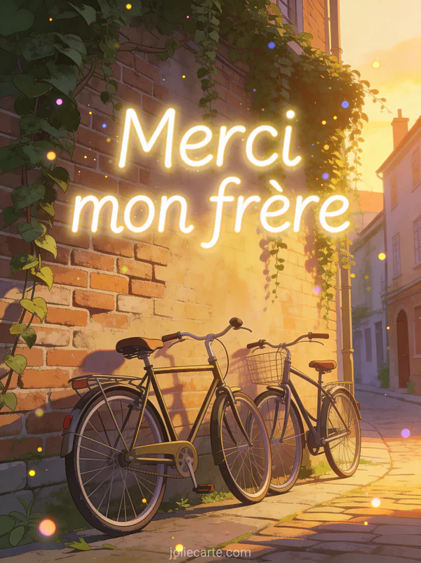 Deux vélos posés contre un mur de briques couvert de lierre dans une ruelle avec lumière dorée avec le texte Merci mon frère