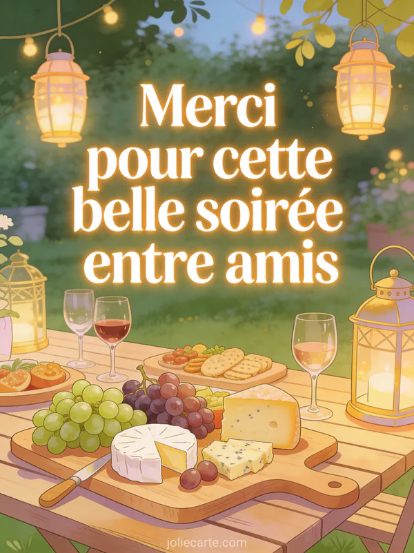 Table conviviale avec planches apéritives, fromage et verres de vin dans un jardin illuminé par des lampions