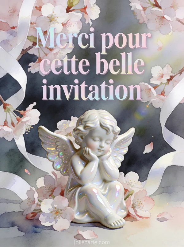 Petit ange en porcelaine entouré de fleurs de cerisier et rubans blancs dans une lumière nacrée avec le texte Merci pour cette belle invitation