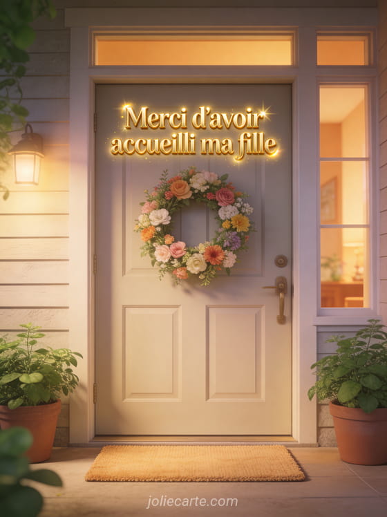 Porte d'entrée chaleureuse avec couronne de fleurs fraîches et pots de plantes vertes avec lumière dorée