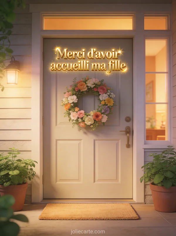 Porte d'entrée chaleureuse avec couronne de fleurs fraîches et pots de plantes vertes avec lumière dorée