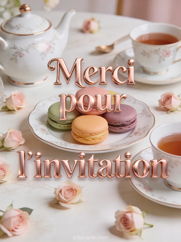 Service à thé en porcelaine avec macarons colorés et petites roses sur une table décorée avec le texte Merci pour l'invitation en rose gold