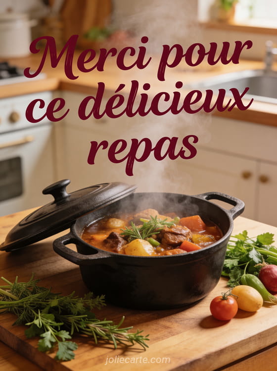 Cocotte en fonte ouverte avec plat mijoté fumant entourée d'herbes aromatiques et de légumes frais