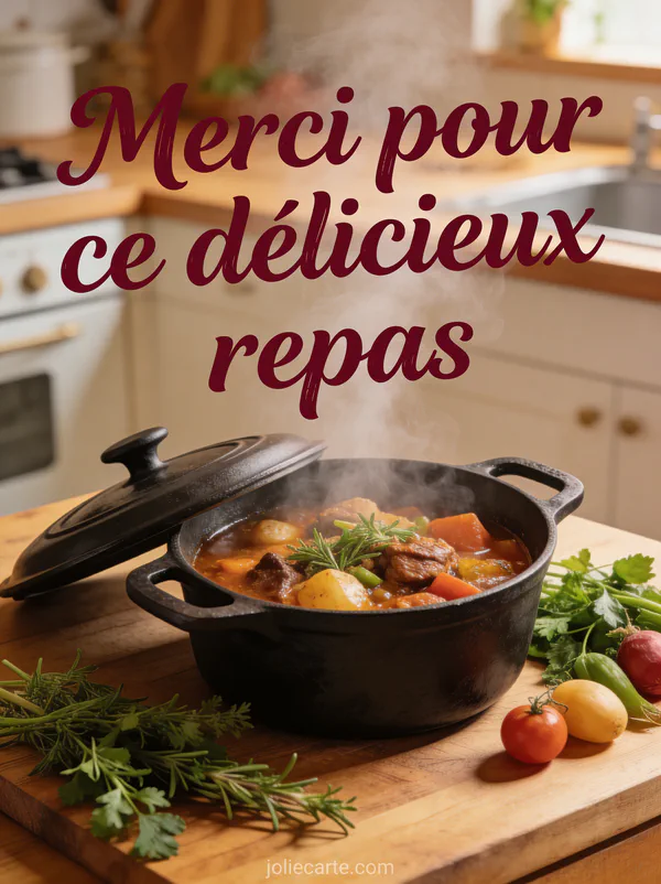 Cocotte en fonte ouverte avec plat mijoté fumant entourée d'herbes aromatiques et de légumes frais