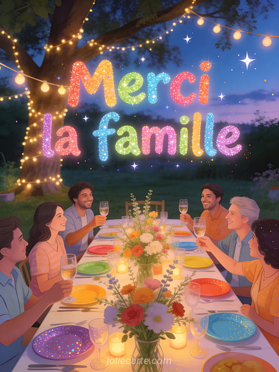 Grande table de fête en extérieur sous un arbre avec guirlandes lumineuses et fleurs champêtres avec le texte Merci la famille