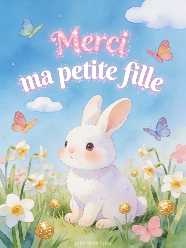 Petit lapin blanc dans un pré fleuri de pâquerettes avec des papillons colorés et lumière printanière