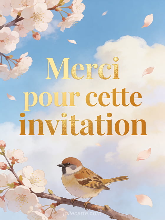 Petit moineau perché sur une branche de cerisier en fleurs avec des pétales qui volent au vent et ciel bleu