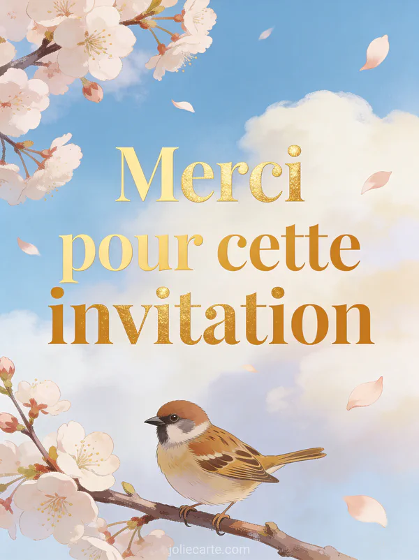 Petit moineau perché sur une branche de cerisier en fleurs avec des pétales qui volent au vent et ciel bleu