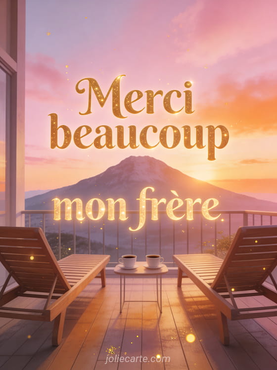 Deux chaises longues sur une terrasse avec vue sur une montagne au lever du soleil et tasses de café avec le texte Merci beaucoup mon frère