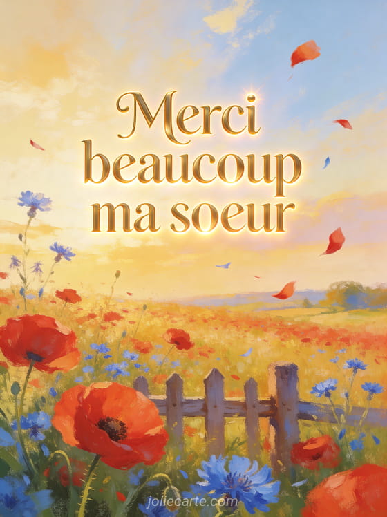 Champ de coquelicots rouges et bleuets sous un ciel lumineux avec une barrière en bois et lumière dorée