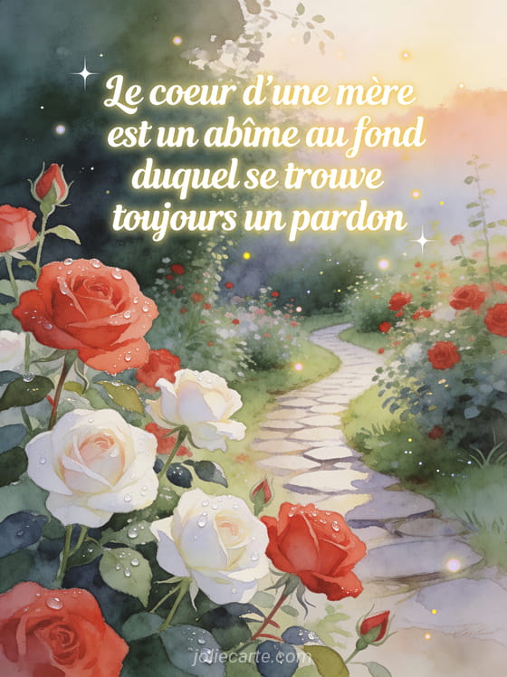 Jardin de roses rouges et blanches au lever du jour avec rosée sur les pétales et petit sentier sinueux avec le texte sur le coeur d'une mère