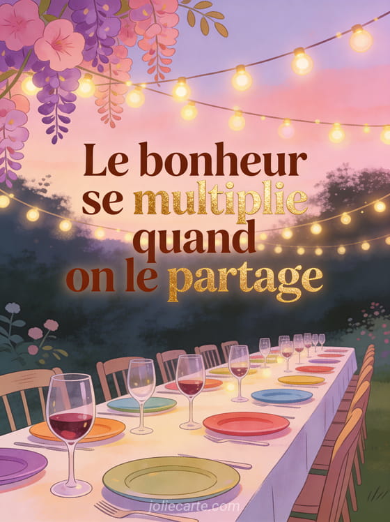 Table de fête en extérieur sous des guirlandes lumineuses avec verres de vin et crépuscule rose avec le texte Le bonheur se multiplie
