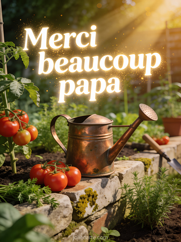 Jardin potager luxuriant avec tomates mûres et herbes aromatiques avec un arrosoir en cuivre vintage