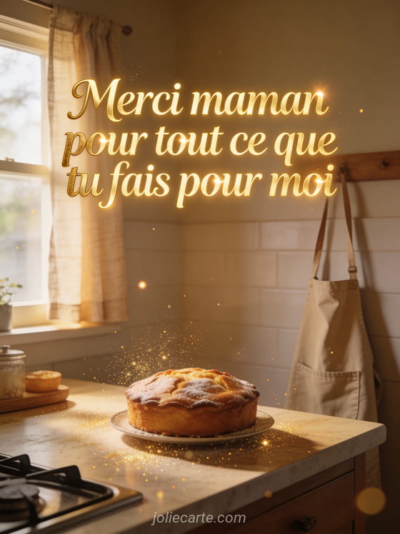 Cuisine chaleureuse avec gâteau fait maison sur le plan de travail et lumière passant par la fenêtre avec le texte Merci maman pour tout