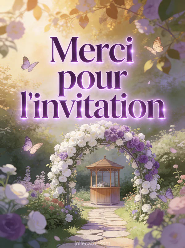 Arche de fleurs blanches et mauves dans un jardin avec un sentier de pierres menant à un petit kiosque