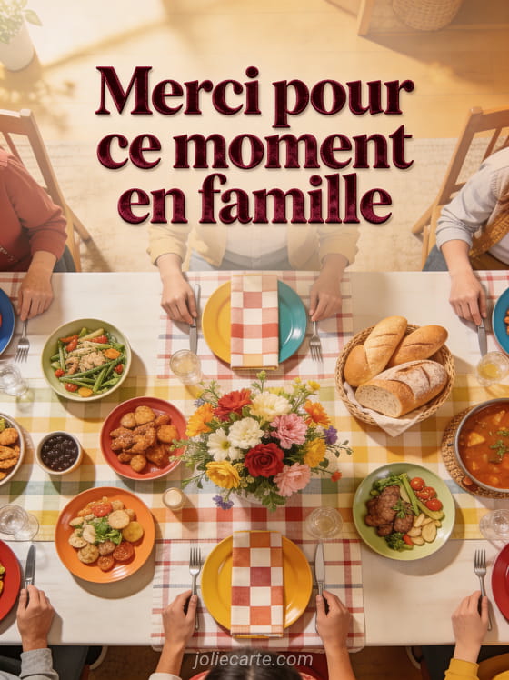 Grande table de repas familial vue de dessus avec plats colorés, pain et nappe à carreaux avec le texte Merci pour ce moment en famille
