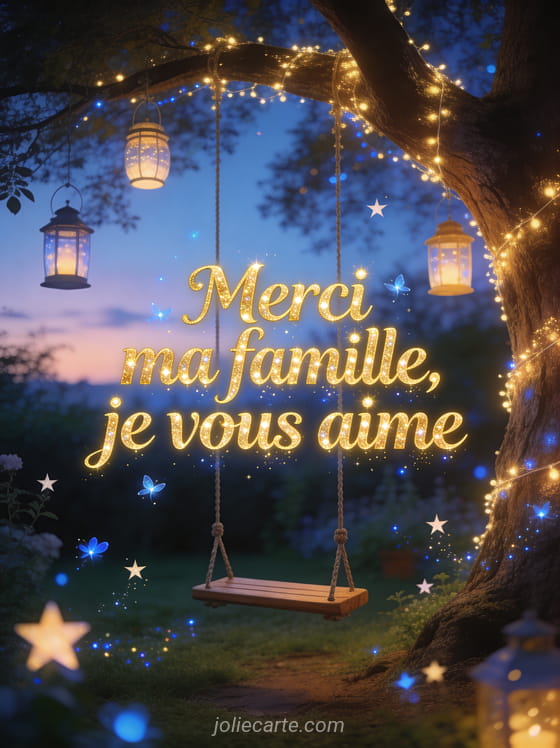 Grand arbre illuminé de guirlandes lumineuses dans un jardin au crépuscule avec lanternes et balançoire