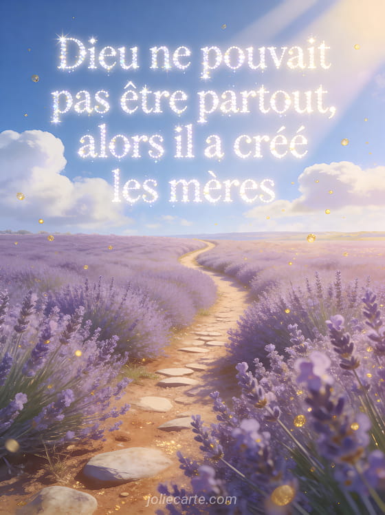 Champ de lavande sous un ciel bleu avec chemin de terre vers l'horizon et lumière dorée d'été avec le texte sur les mères