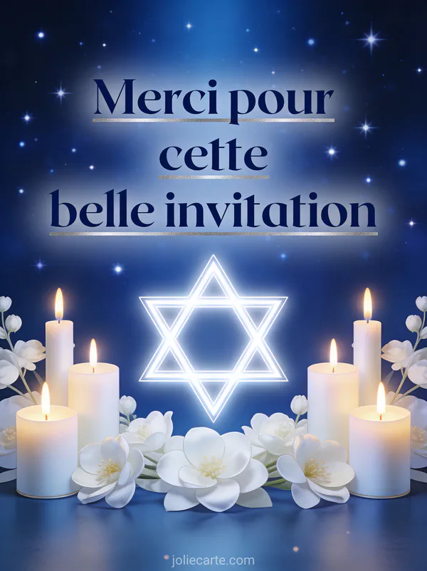 Étoile de David lumineuse entourée de bougies et fleurs blanches sur fond bleu profond avec le texte Merci pour cette belle invitation