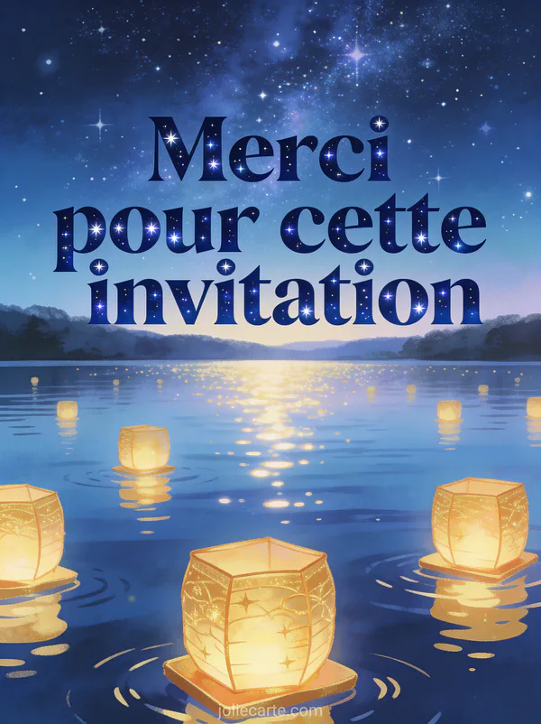 Ciel étoilé au-dessus d'un lac calme avec des lanternes flottantes dorées et reflets lumineux