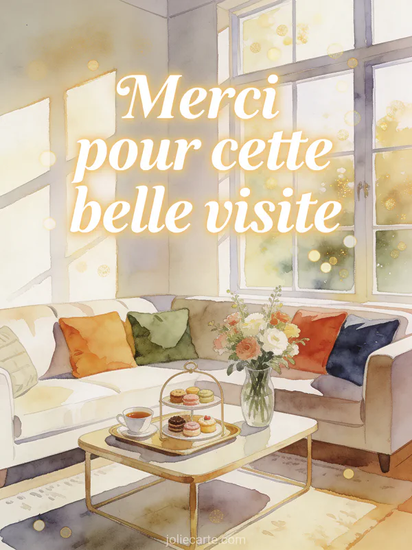 Salon lumineux avec canapé confortable, plateau de thé avec petits gâteaux et vase de fleurs fraîches