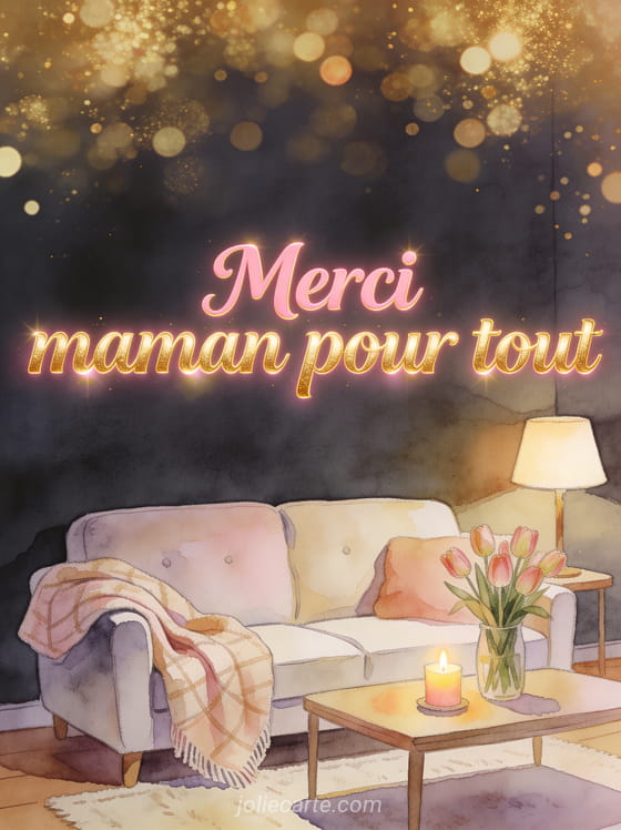 Salon cosy avec canapé, plaid et bouquet de tulipes sur table basse dans une lumière tamisée avec le texte Merci maman pour tout