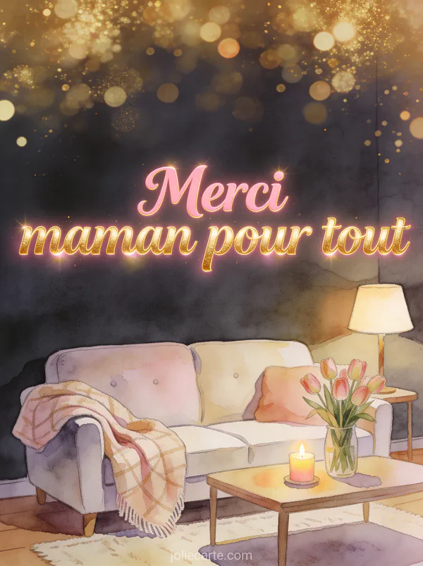 Salon cosy avec canapé, plaid et bouquet de tulipes sur table basse dans une lumière tamisée avec le texte Merci maman pour tout