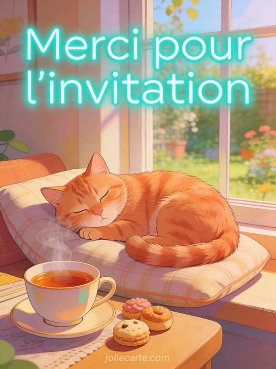 Chat roux endormi sur un coussin à côté d'une tasse de thé et petits gâteaux dans un intérieur cosy avec le texte Merci pour l'invitation