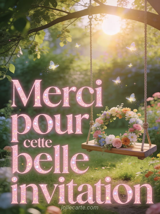Couronne de fleurs champêtres sur une balançoire en bois dans un jardin verdoyant avec lucioles