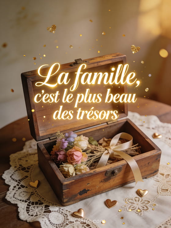 Coffret en bois ancien ouvert avec fleurs séchées et rubans sur nappe en dentelle avec coeurs dorés