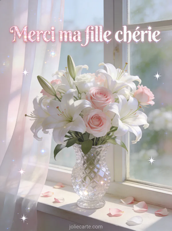 Bouquet de lys blancs et roses dans un vase en cristal avec pétales éparpillés et lumière d'après-midi avec le texte Merci ma fille chérie