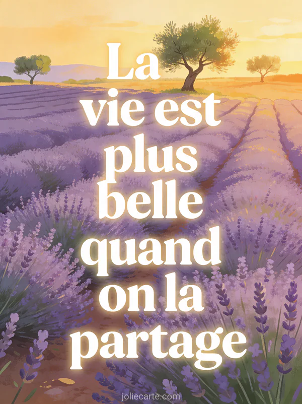 Paysage de campagne provençale avec champs de lavande sous un ciel doré et oliviers au loin avec le texte La vie est plus belle