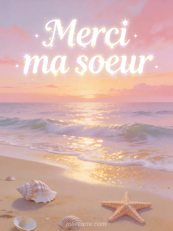 Paysage de bord de mer avec plage de sable fin, coquillages et étoile de mer au coucher du soleil rosé