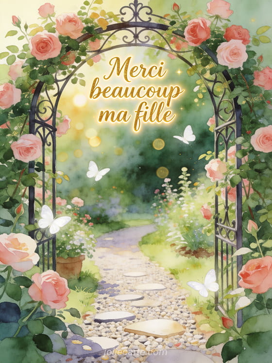 Jardin anglais avec rosiers grimpants sur une arche en fer forgé, chemin de gravier et papillons blancs avec le texte Merci beaucoup ma fille