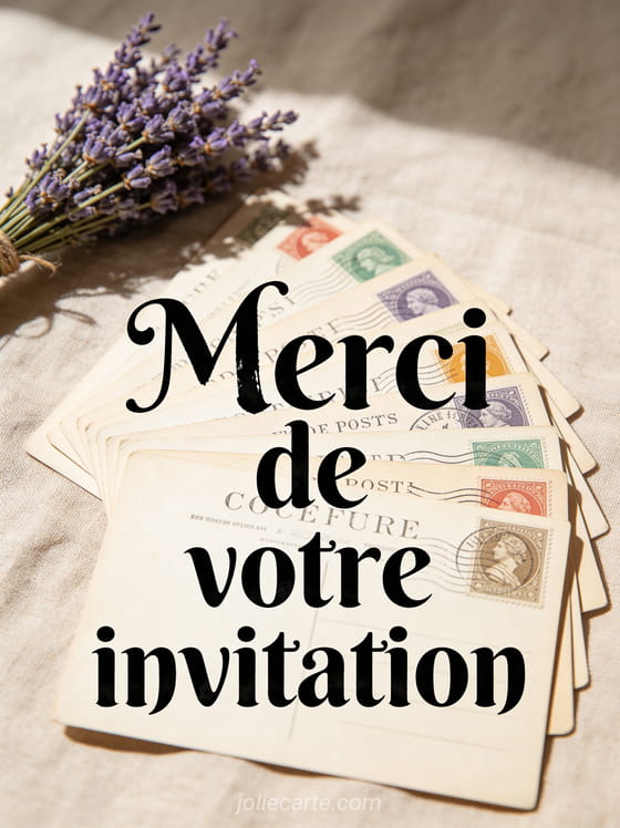 Éventail de cartes postales anciennes sur tissu de lin beige avec bouquet de lavande séchée