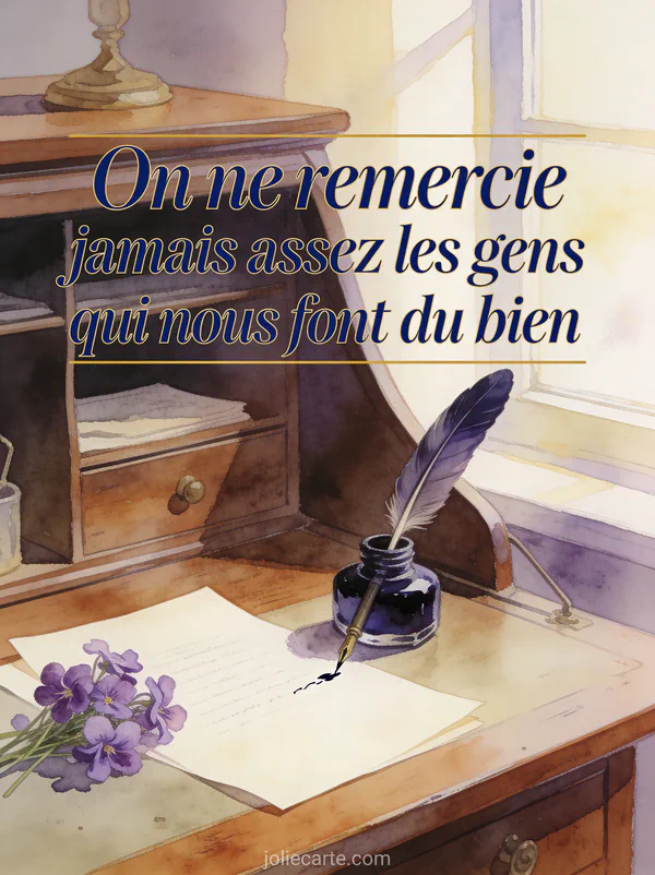 Bureau en bois ancien avec plume, encrier, papier à lettre et bouquet de violettes dans une lumière tamisée avec le texte sur les remerciements