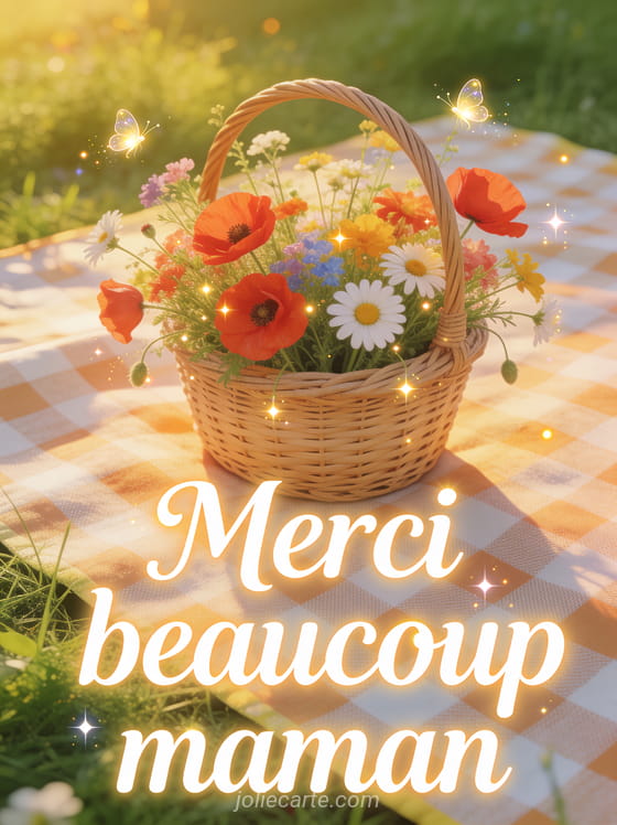Panier en osier de fleurs des champs colorées sur une nappe à carreaux dans un pré verdoyant avec coquelicots avec le texte Merci beaucoup maman
