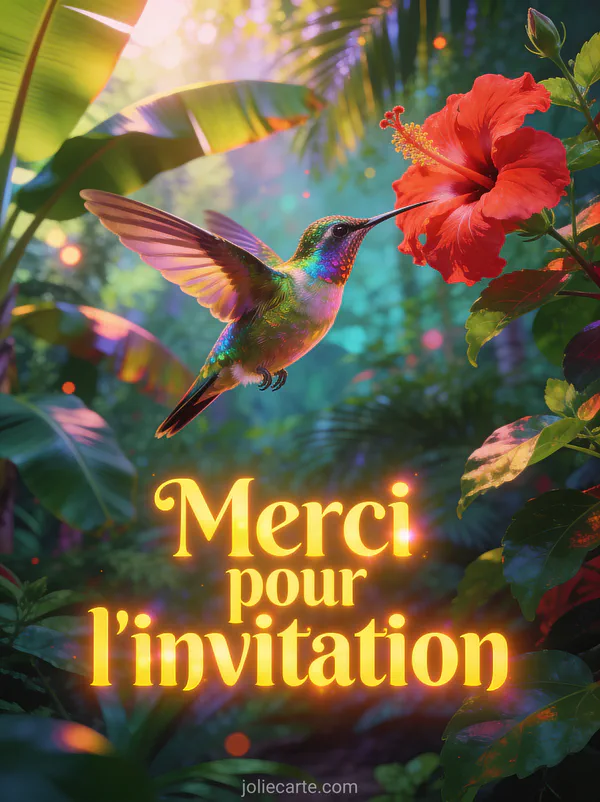 Petit colibri irisé butinant une fleur d'hibiscus rouge dans un jardin tropical luxuriant