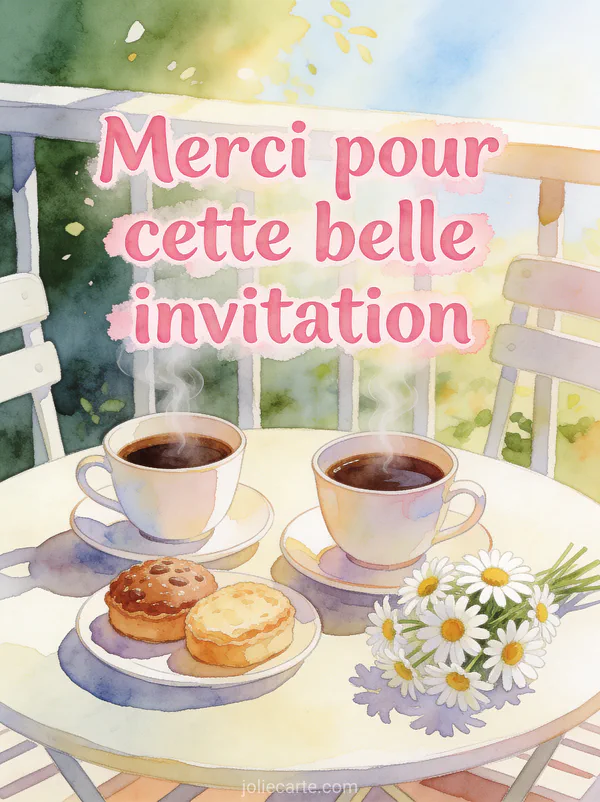 Deux tasses de café fumantes sur une table de terrasse avec pâtisseries et marguerites dans une lumière matinale douce avec le texte Merci