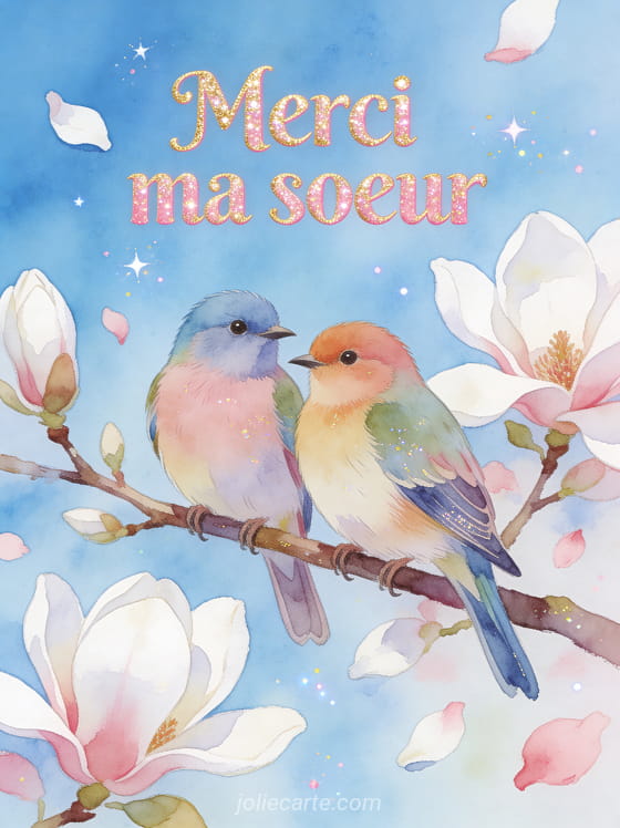 Deux oiseaux colorés perchés sur une branche de magnolia avec pétales blancs et roses sur ciel bleu