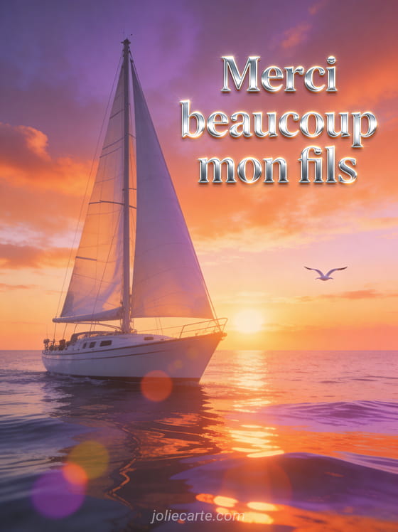 Voilier blanc sur une mer calme au coucher du soleil avec reflets orangés et vol de mouettes avec le texte Merci beaucoup mon fils